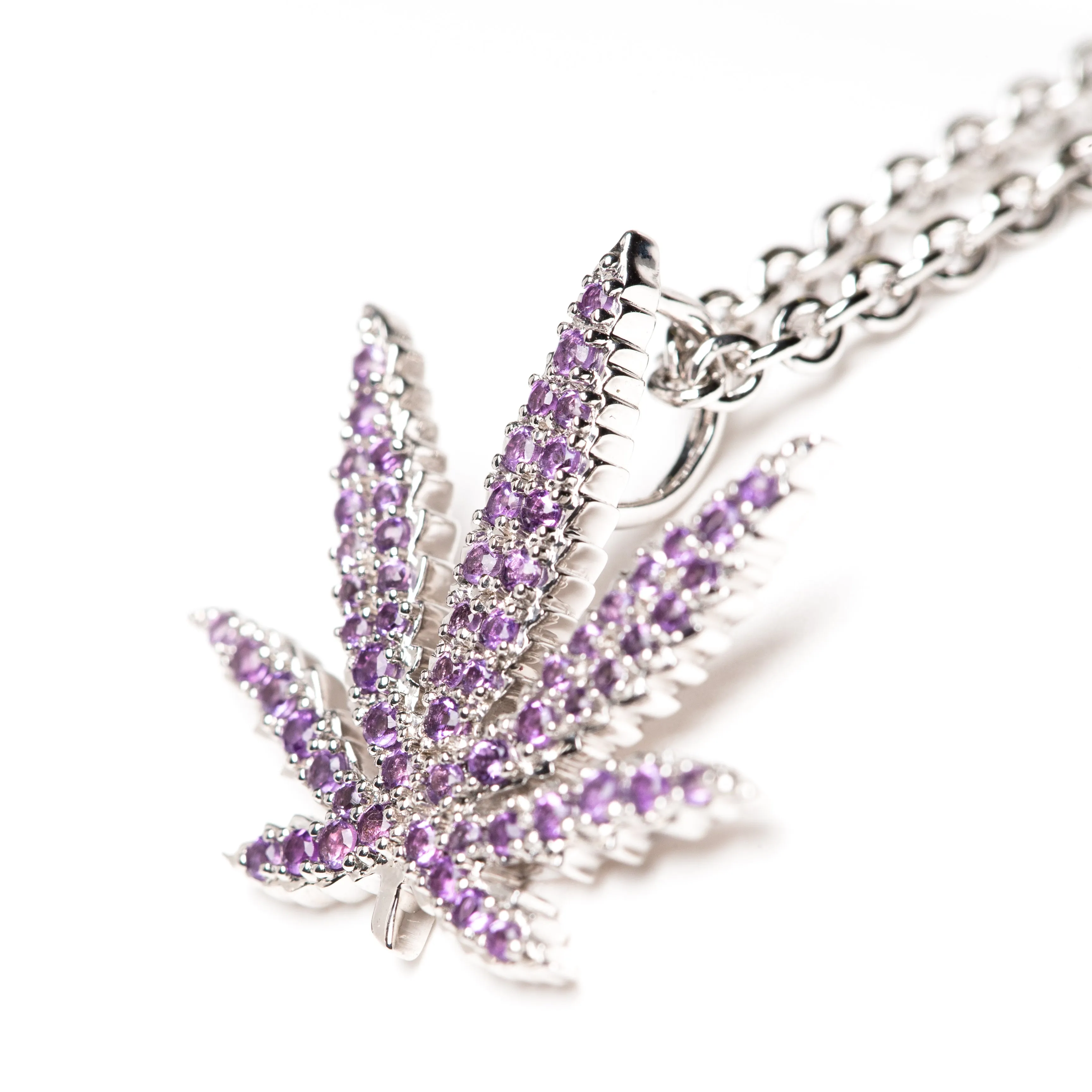 Sterling Silver Sativa Leaf Pendant with Amethyst Gemstones